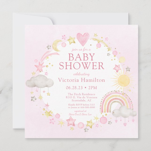 Girl Watercolor Rainbow Baby Dusche Einladung (Vorderseite)