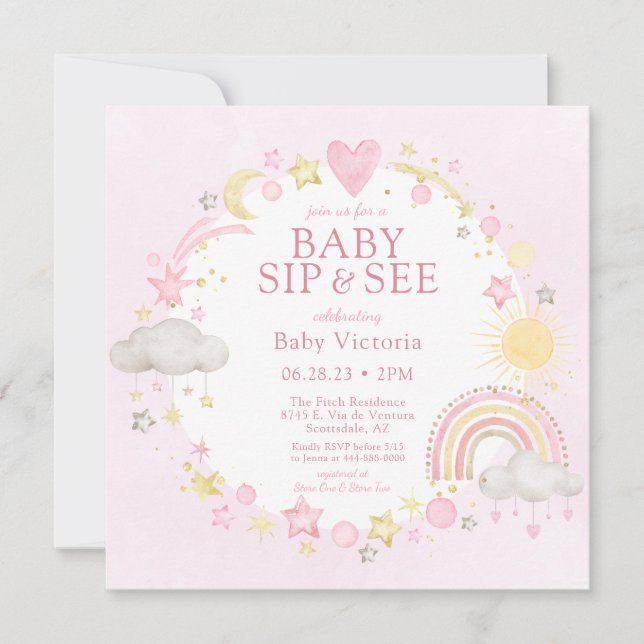 Girl Watercolor Rainbow Baby Sip und sehen Einladung (Vorderseite)