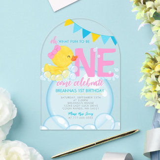 Girl Watercolor Rubber Duck 1. Geburtstag Einzigar Acryleinladungen