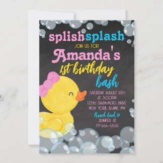Girl Watercolor Rubber Duck Chalkboard Geburtstag Einladung