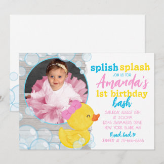 Girl Watercolor Rubber Duck Foto Geburtstag Einladung
