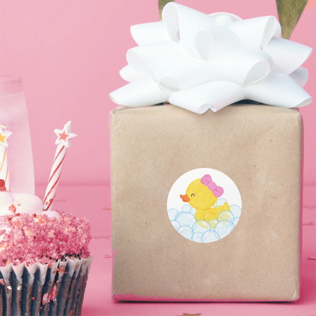 Girl Watercolor Rubber Enck Round Stickers (Girl Watercolor Rubber Duck Party Stickers for Duck Birthday or Baby Shower)