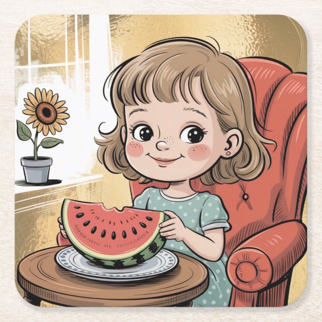 Girl Watermelon Square Untersetzer Set (Vorderseite)