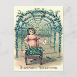 Girl Wheelbarrow Vierblättriges Kleeblatt vergiss- Postkarte