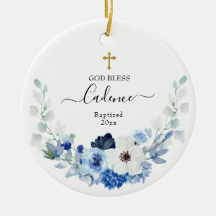 Girl White Blue Floral Baptized Keramik Ornament