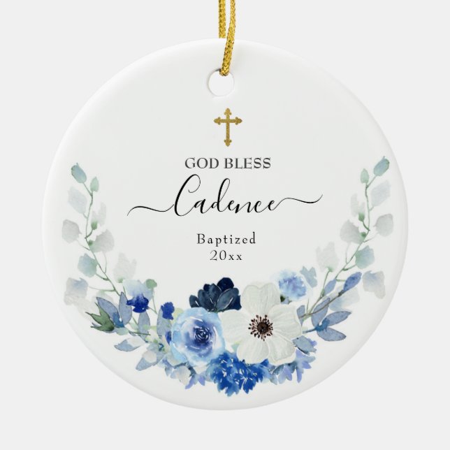 Girl White Blue Floral Baptized Keramik Ornament (Vorne)