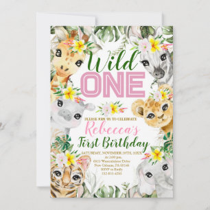 Girl Wild One Birthday Jungle Animals 1. Geburtsta Einladung