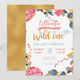 Girl Wild One Boho Floral Erster Geburtstag Einlad Einladung