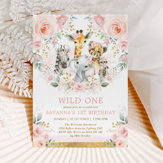 Girl Wild One Jungle Safari Blush Bloral Geburtsta Einladung