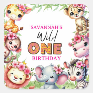 Girl Wild One Jungle-Safari-Geburtstag Quadratischer Aufkleber