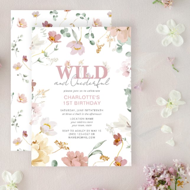 Girl Wild und eintönige Wildblume zum ersten Gebur Einladung (Easily personalize this pretty 1st Birthday Invitation with your unique details for a sweet party)