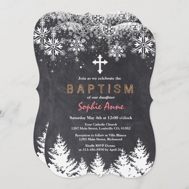 Girl Winter Holiday Snowflakes Chalkboard Taufe Einladung (Vorne/Hinten)