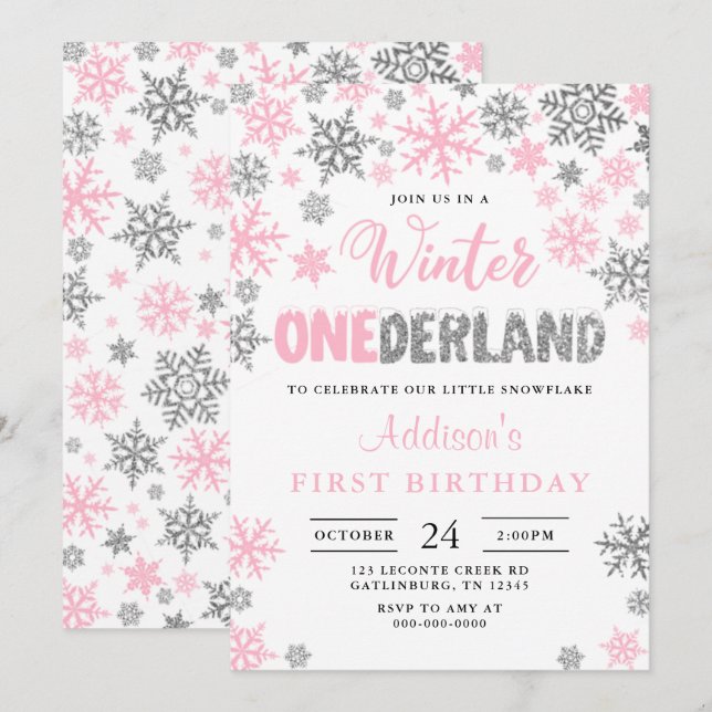 Girl Winter Onederland Einladung zum ersten Geburt (Vorne/Hinten)