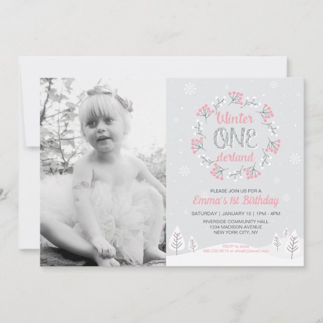 Girl Winter Onederland Foto 1. Geburtstag Einladun Einladung (Vorderseite)
