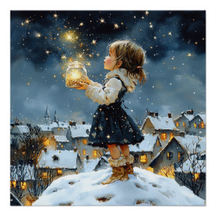 Girl Winter Stars Snowy Night Poster