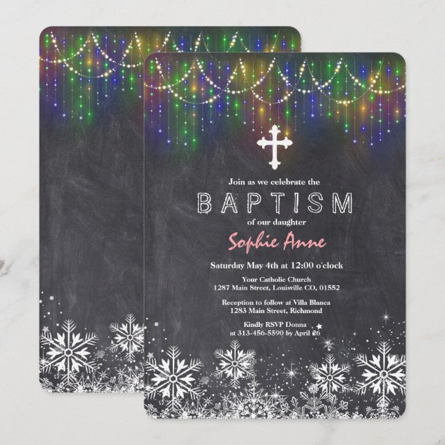 Girl Winter String Lights Schneeflocken Chalk Tauf Einladung (Vorne/Hinten)