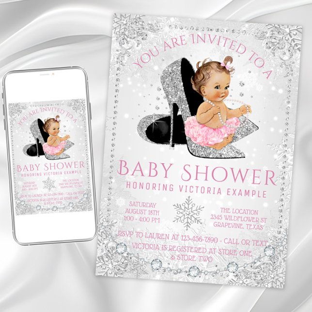 Girl Winter Wonderland Pink Snowflake Babydusche Einladung (Snowflake high heel shoe baby winter shower invitation. Download and printed invitations available.)