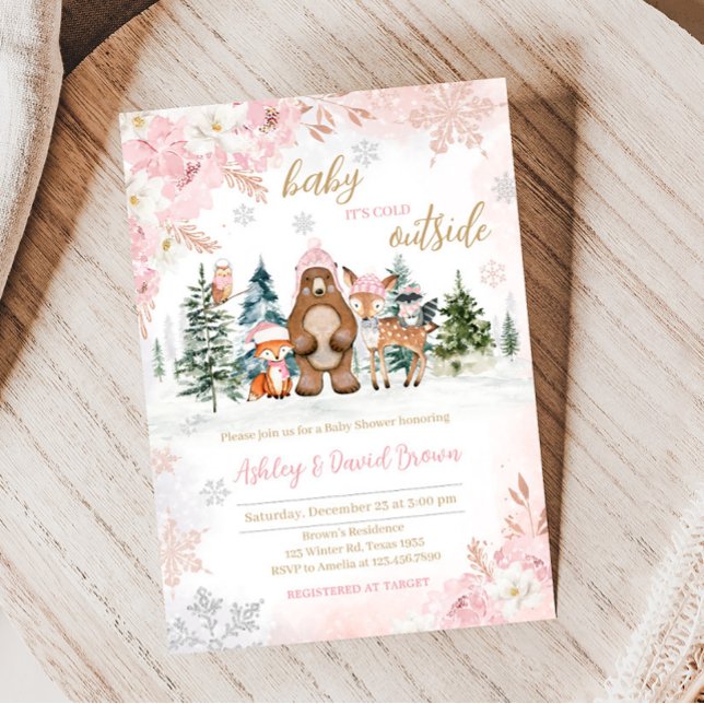 Girl Winter Woodland Babydusche Einladung (Pink Baby It's Cold Outside Woodland Baby Shower)