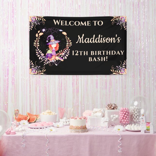 Girl Witch Birthday Watercolor Banner (Party)