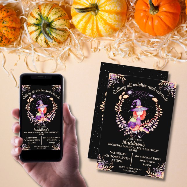 Girl Witch Birthday Watercolor Einladung (Von Creator hochgeladen)