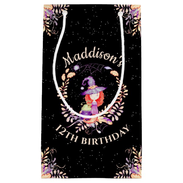 Girl Witch Birthday Watercolor Kleine Geschenktüte (Vorderseite)