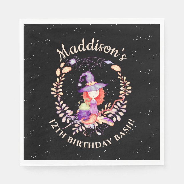 Girl Witch Birthday Watercolor Serviette (Vorderseite)