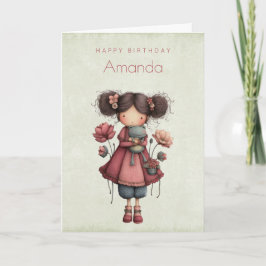 Girl with A Frog Doll Cute Whimsical Birthday Karte