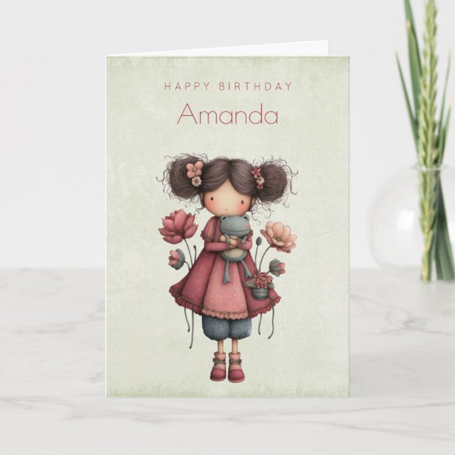 Girl with A Frog Doll Cute Whimsical Birthday Karte (Vorderseite)