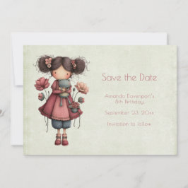 Girl with A Frog Doll Cute Whimsical Birthday Save The Date