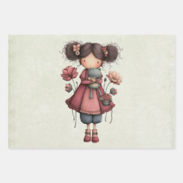 Girl with A Frog Doll Cute Whimsical Geschenkpapier Set