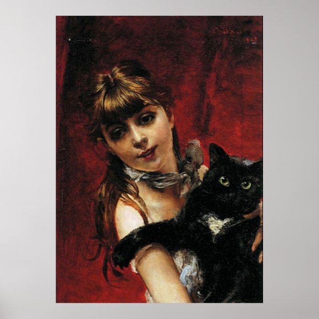 Girl with Black Cat - Reproduction Art Poster (Vorne)