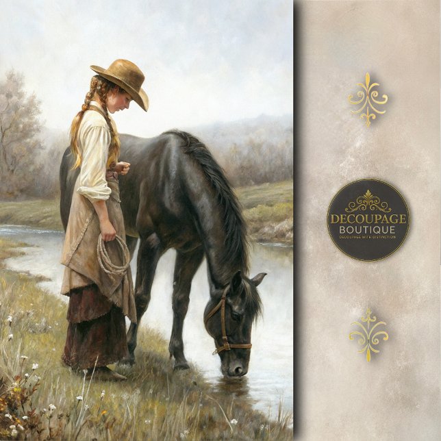 Girl With Black Horse By Stream Decoupage Seidenpapier (Girl With Black Horse By Stream Decoupage Tissue Paper)