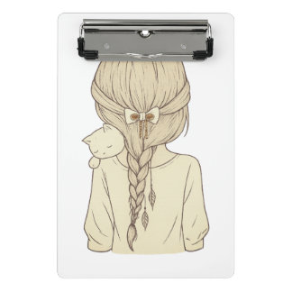 Girl with Braid and Cat Illustration – Soft Pastel Mini Klemmbrett