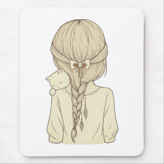 Girl with Braid and Cat Illustration – Soft Pastel Mousepad