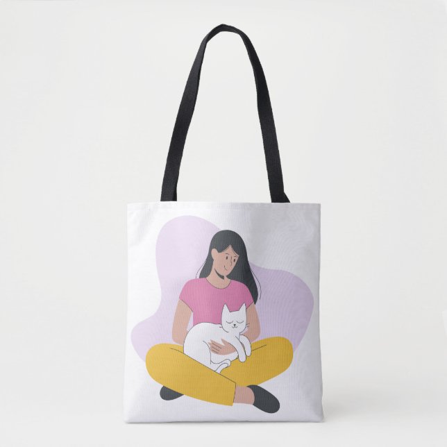 Girl with Cat – Cute Minimalist Cat Lover Tote (Vorderseite)