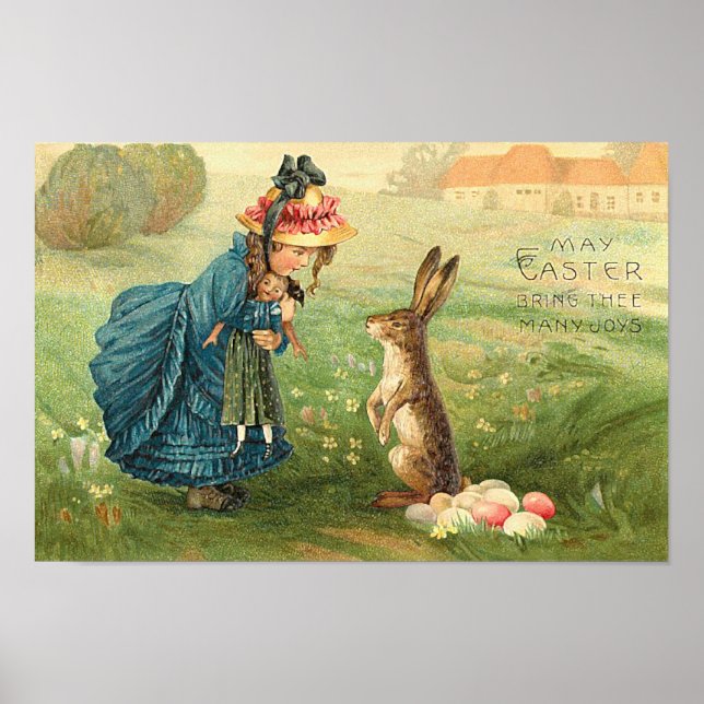 Girl With Doll and Rabbit Vintage Easter Poster (Vorne)