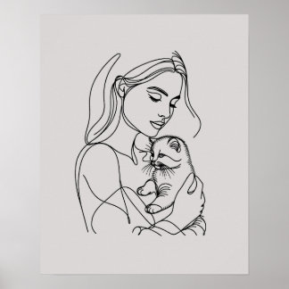 Girl with Kitten - Line Art Poster