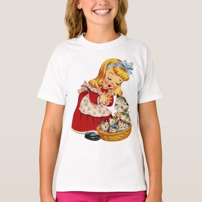Girl with kittens cat retro niedlich Girl T - Shir T-Shirt (Vorderseite)