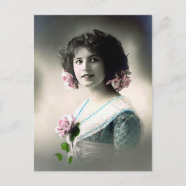 "Girl with Pink Roses" Vintag Postkarte