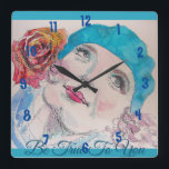 Girl With Red Rose Beret Be True Girls Room Clock Quadratische Wanduhr<br><div class="desc">Girl With Red Rose Beret Be True Girls Room Clock. Designed from my original watercolour art.</div>