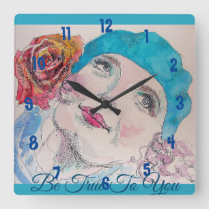 Girl With Red Rose Beret Be True Girls Room Clock Quadratische Wanduhr