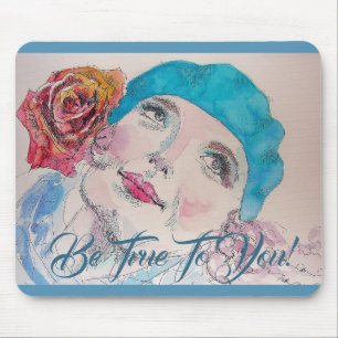 Girl With Red Rose Beret Be True Mouse Mat Pad Mousepad