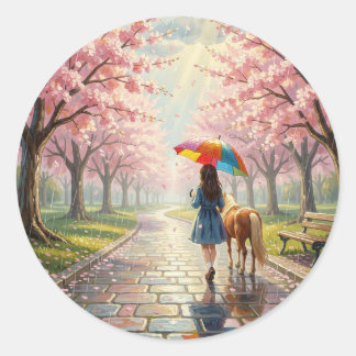 Girl with Umbrella and Pony in Rainy Park Runder Aufkleber