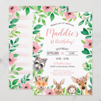 Girl Woodland 1. Geburtstag Einladung Tiere