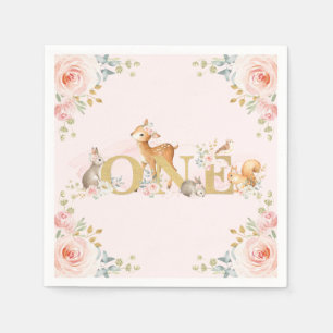Girl Woodland 1. Geburtstag Pink Gold Floral Serviette