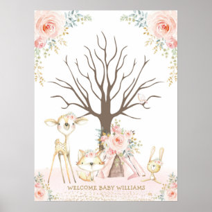 Girl Woodland 1st Birthday Thumbprint Guestbook Poster