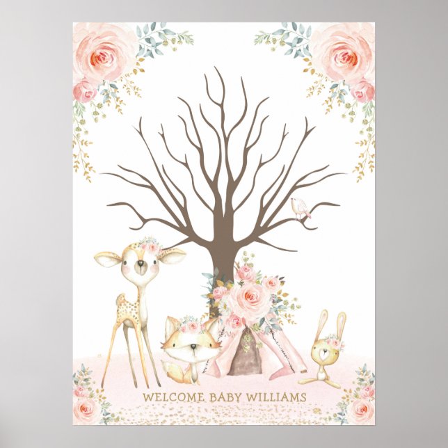 Girl Woodland 1st Birthday Thumbprint Guestbook Poster (Vorne)