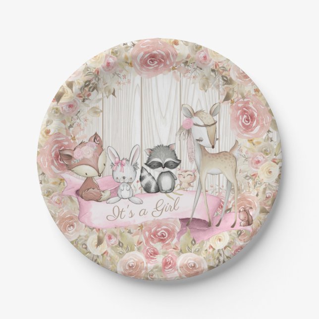 Girl Woodland Animal Baby Shower Paper Plate Pappteller (Vorderseite)
