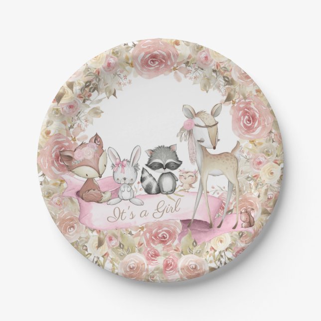 Girl Woodland Animals Baby Shower Paper Plate Pappteller (Vorderseite)