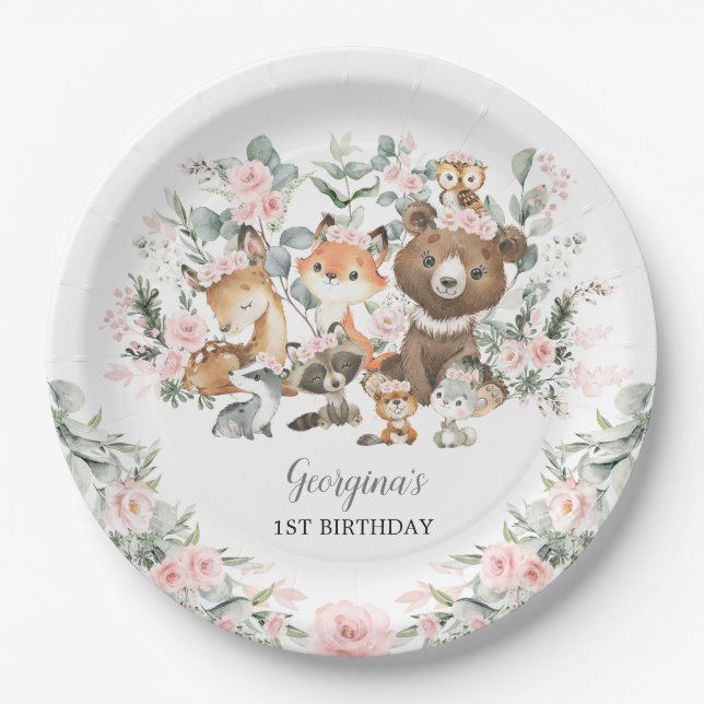 Girl Woodland Animals Eukalyptus Rose Geburtstag Pappteller (Vorderseite)